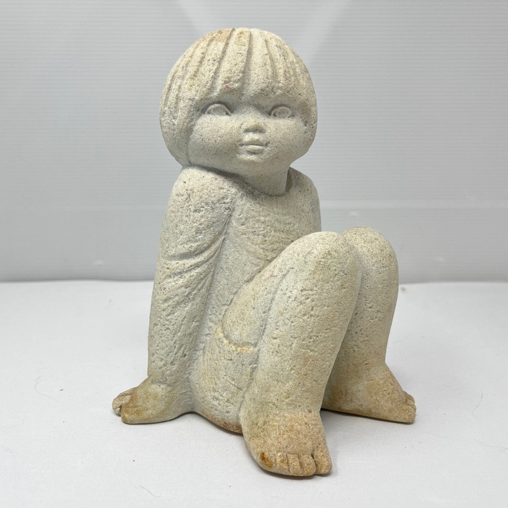 Marbell Stone Art Girl Sitting Figurine‎ Statue White 7" Tall Vtg 80s Children